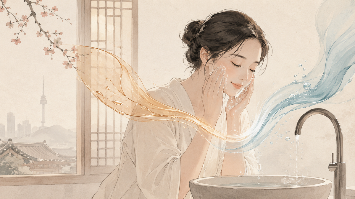 Illustrazione della doppia detersione coreana con fase oleosa e fase acquosa