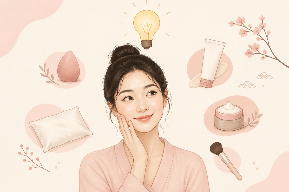 Illustrazione di una donna coreana con una lampadina e piccoli simboli dedicati alla skincare e al make-up