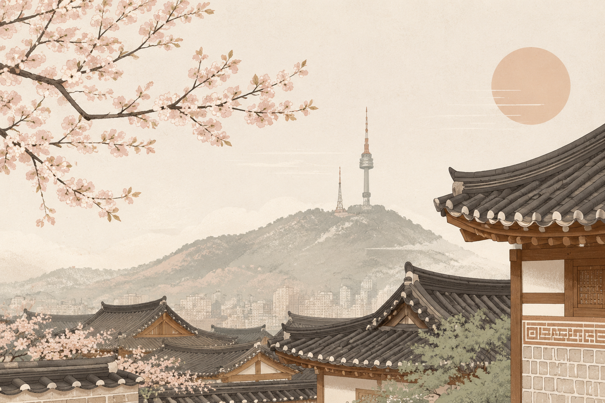 Illustrazione di Seoul con case tradizionali hanok e N Seoul Tower